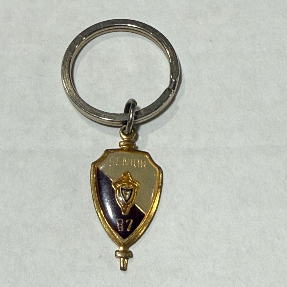 Vintage Balfour 1987 Senior Class High School Shield Keychain Maroon Gold Tone